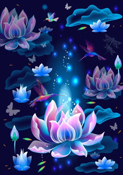 Fondo Con Flores Loto Colibríes Simbolo Iluminación Meditación Universo — Vector de stock