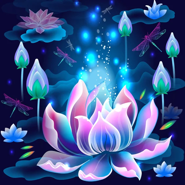 Sfondo Con Fiori Loto Libellule Simbolo Illuminazione Meditazione Universo — Vettoriale Stock