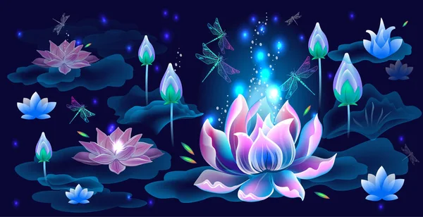 Lotus Çiçekleri Yusufçuklarla Dolu Bir Arka Plan Aydınlanma Meditasyon Evrenin — Stok Vektör