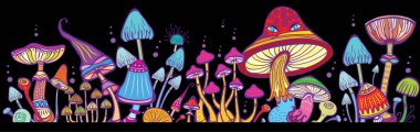 Groups of decorative mushrooms on black vector illustration clipart