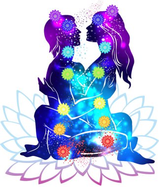 Couple practicing tantra yoga and the symbolic of the chakra system on space galaxy clipart