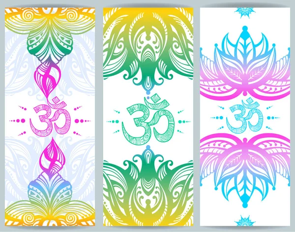 Banner Vertical Con Lotos Símbolo Ohm Set Diseño Esterilla Yoga — Archivo Imágenes Vectoriales