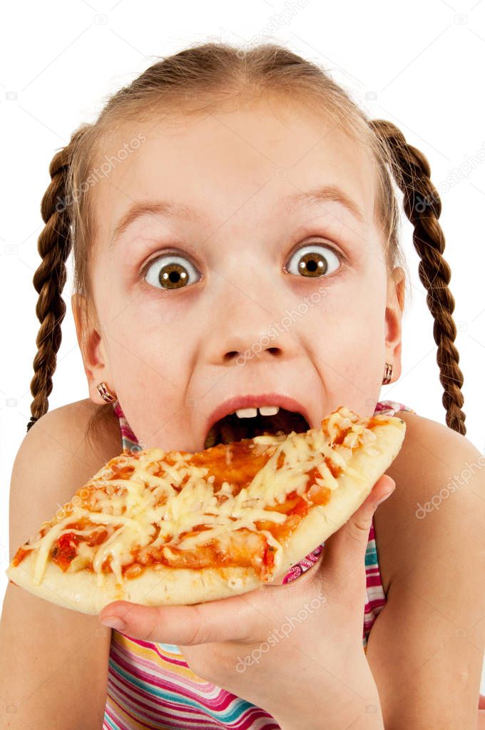 Happy girl eating pizza