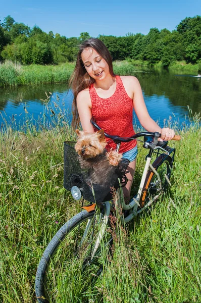 Ung kvinna med cykel och söt hund — Stockfoto