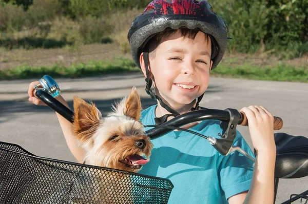 Happy boy with bike and dog — Stock Photo, Image