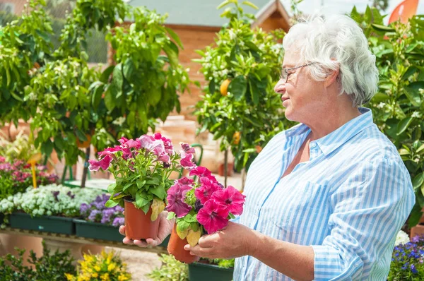 Vrouw uitzoeken van ingemaakte bloemen bij tuincentrum — Stockfoto