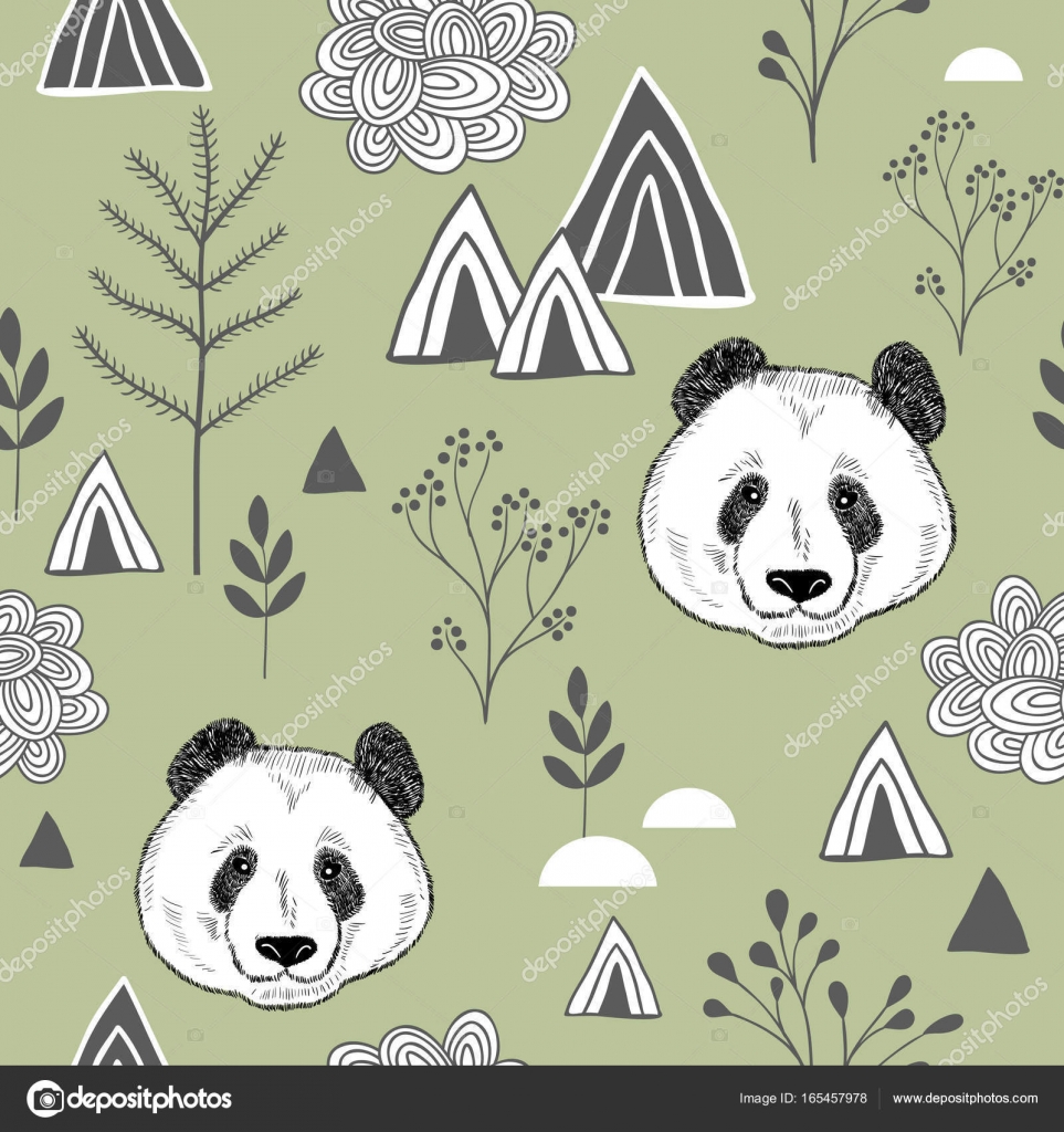 Urso panda desenhado à mão com flores sem costura padrão, fundo de