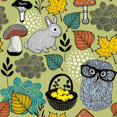 mantar ve orman hayvanları desen.