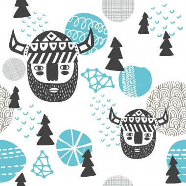 Seamless pattern with vikings faces.  clipart