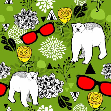 Kutup ayıları ve çiçek öğeleri.