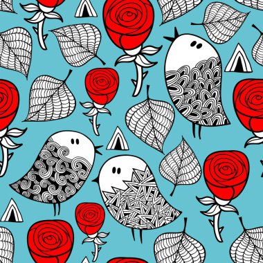 Kırmızı gül ve romantik kuşlar desen.