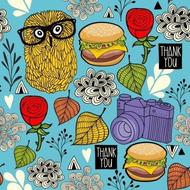 desen hipster baykuşlar ve gıda ile.