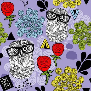 Baykuşlar gül ve tasarım öğeleri.