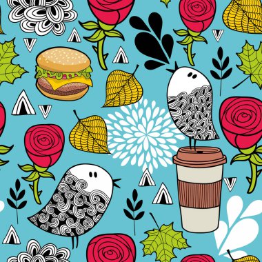 Gıda ve kuşlar romantik desen.