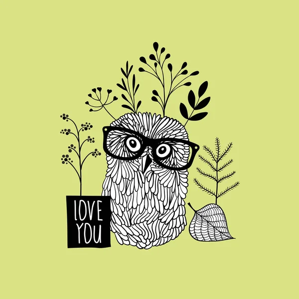 Herbal print with owl in glasses. — Stock Vector