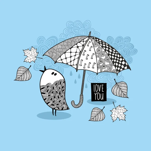 Pássaro doodle e guarda-chuva . — Vetor de Stock