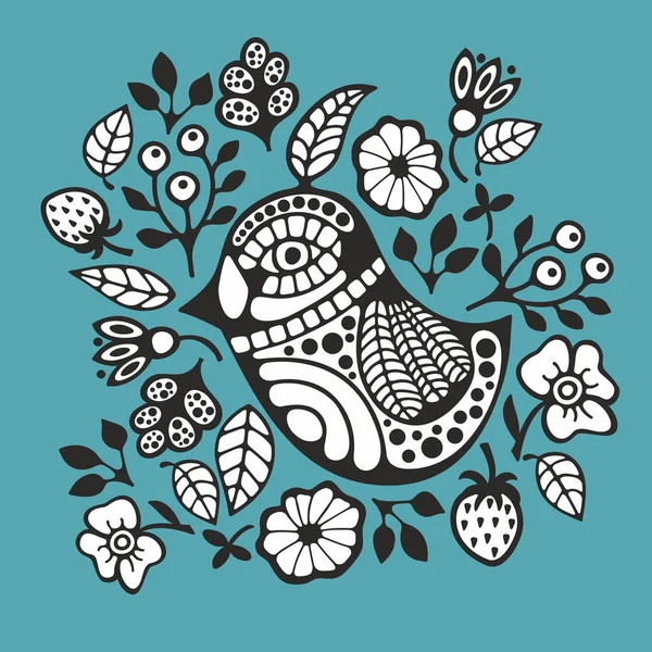 Siyah ve beyaz kuş ve çiçek.