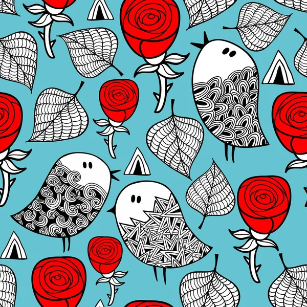 Kırmızı gül ve romantik kuşlar desen.