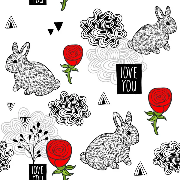 Fond sans couture avec des lapins et des roses . — Image vectorielle
