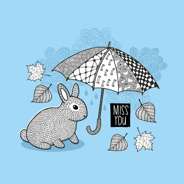 Pequeño conejo y lluvia de otoño — Vector de stock