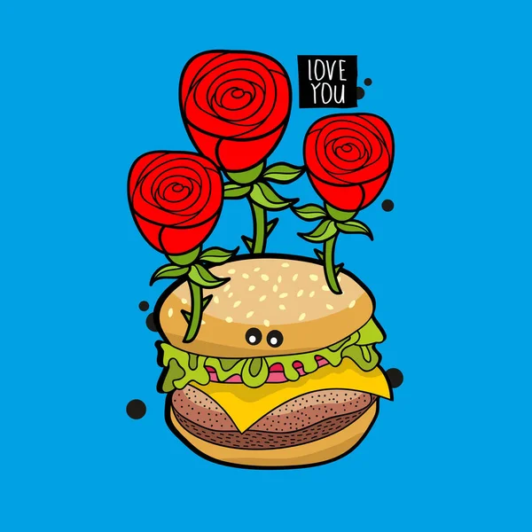 Romantic hamburger with red roses. — Stock Vector