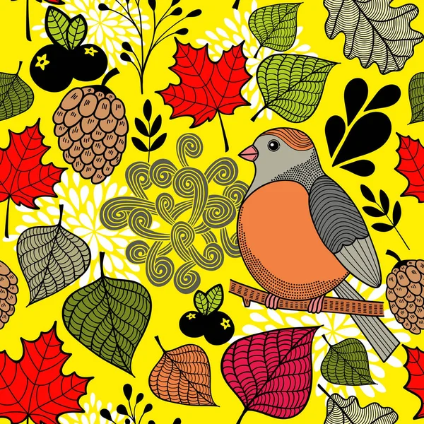 Pájaro en la rama y hojas de otoño . — Vector de stock