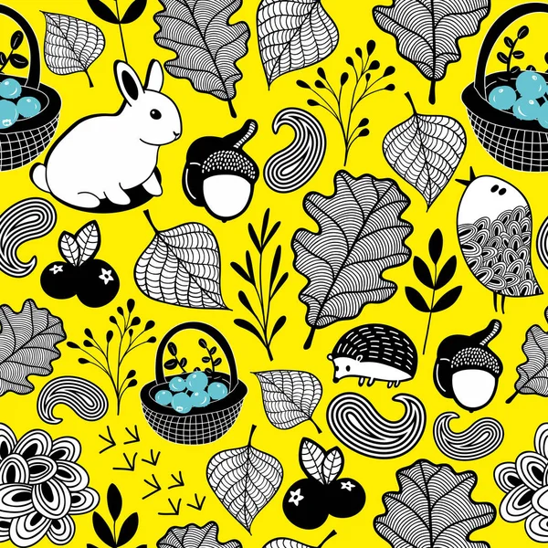 Fondo con hojas y animales del bosque — Vector de stock