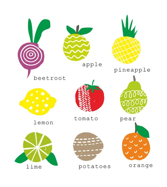 Uppsättning av färska frukter och grönsaker. — Stock vektor