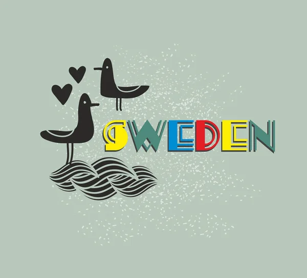 Etiketten för Sverige med söta sjöfåglar — Stock vektor