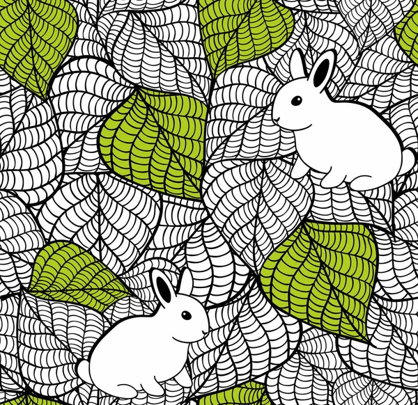 葉とウサギのパターン. — ストックベクタ