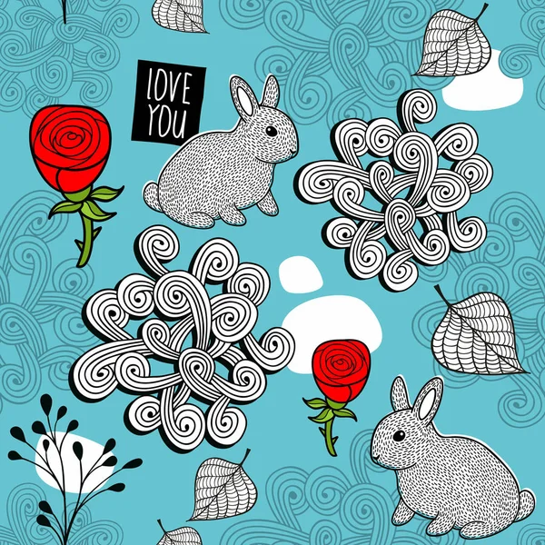 Padrão com coelhos e rosas . — Vetor de Stock