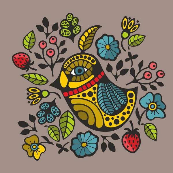 Decoratieve vogel en bloemen. — Stockvector