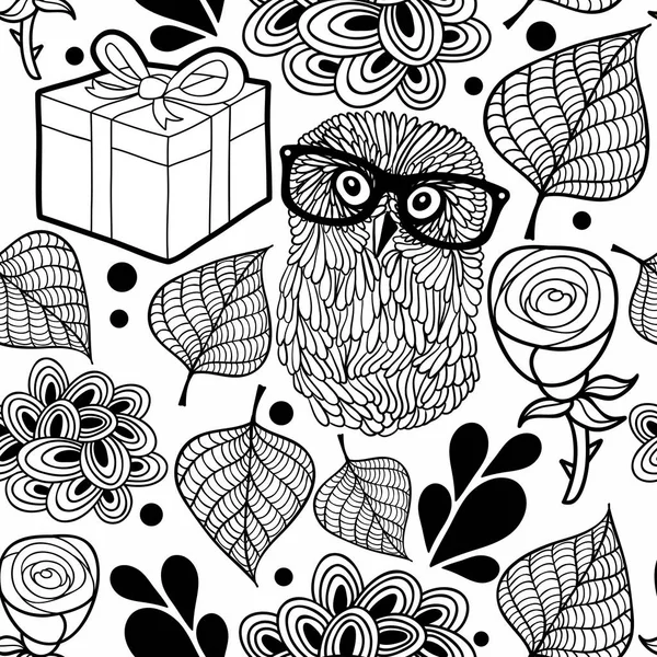 Pattern with owl and gifts. — Stock Vector