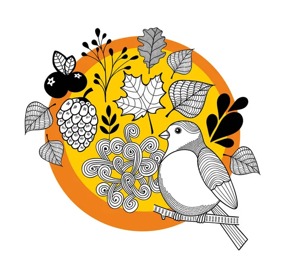 Tirage d'automne avec feuilles et oiseau — Image vectorielle