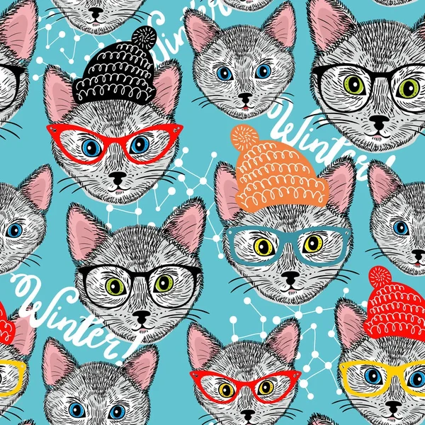 Modèle d'hiver sans couture avec des chats — Image vectorielle