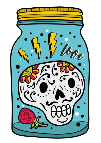 Colorful glass jar with skull inside. — Stock Vector