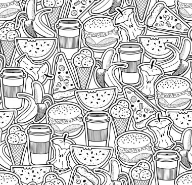Yiyecek ve içecekler ile tek renkli duvar kağıdı. Boyama kitabı için vektör desen.