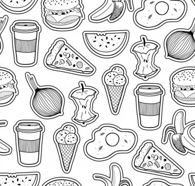 Siyah ve beyaz gıda ile sorunsuz illüstrasyon. Boyama kitabı için vektör desen.