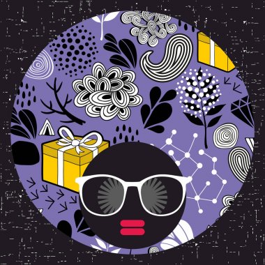 Koyu tenli ve yaratıcı Türban başında olan kadın. Vektör çizim kadın portre ile.