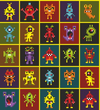 Geometrik şirin piksel canavarlar ile sonsuz duvar kağıdı tasarlanmış. Retro tarzı vektör sorunsuz şekilde.