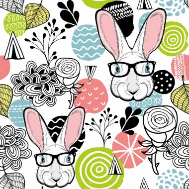 Sevimli beyaz tavşan ile taze seamless modeli. Easter illüstrasyon vektör.
