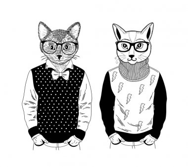 İki dost kedi evcil hayvan moda modellerin poz. Elle çizilmiş hayvan insan vücudu ile yaratıcı kümesi. Boyama kitabı için vektör çizim.