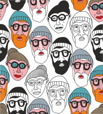 Eski insanların yüzleri ile Seamless modeli. Dedesi vektör çizim.