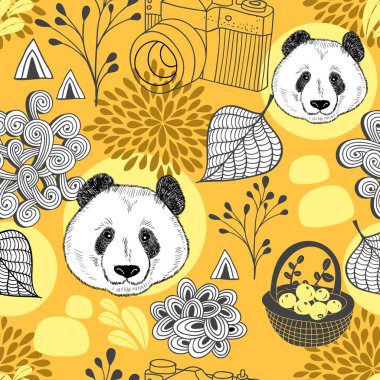 Çin Dikişsiz desen sonbaharda. Vektör sonsuz arka plan ile sevimli panda doodle. Yetişkin ve çocuklar için çizgi film illüstrasyon.
