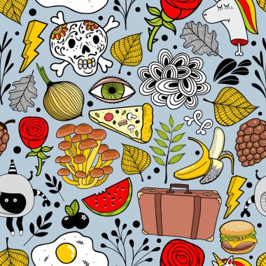 Şirin ölü unicorn ile Seamless modeli. Skuls ve meyve ile vektör arka plan.