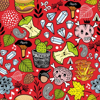 Şirin doğa öğeleri ile Seamless modeli. Kafatası ve gıda ile vektör arka plan.