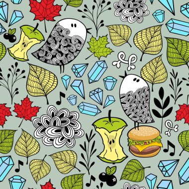 Kuşlar, gıda ve çiçek öğeleri ile sonsuz duvar kağıdı. Doğa vektör çizim.