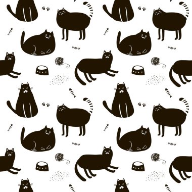 Siyah ve beyaz sevimli kediler ile seamless modeli. Sonsuz illüstrasyon vektör.