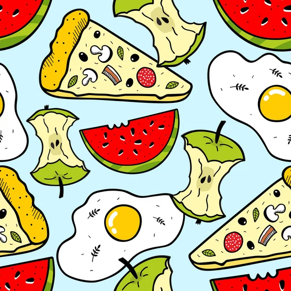 Bright seamless pattern with food and fruits. Vector endless wallpaper.