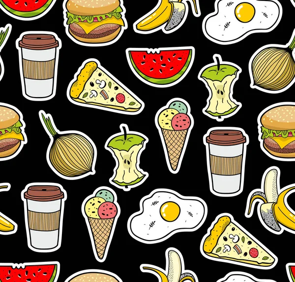 Fondo Infinito Con Iconos Comida Ilustraciones Vectoriales Sobre Fondo Negro — Archivo Imágenes Vectoriales